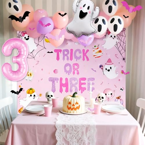 Pink Trick or Three Birthday Decorations Set for Girl 3rd Halloween Party