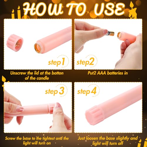 Pink Flameless Taper Candles with Remote Control Set - Realistic Flickering LED Lights for Holiday & Wedding Decor (24 Pack)