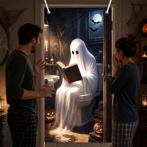 Halloween Door Cover Decorations - Ghost Bathroom Theme, 3x6 Ft - Funny Ghost Toilet Backdrop for Home & Office, Ghost Pumpkins Halloween Decor - Variation: Ghost Bathroom