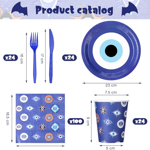 Blue Evil Eye Party Paper Plates Napkins Set - Disposable Halloween Decor 24 Servings