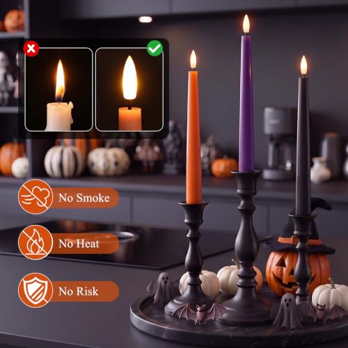 Halloween Flameless Taper Candles Set - Black, Burnt Orange & Purple, 6 Pack