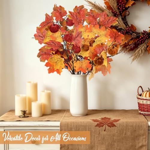 Fall Artificial Maple Leaves and Pumpkin Stem Set - 6 Pieces for Decor