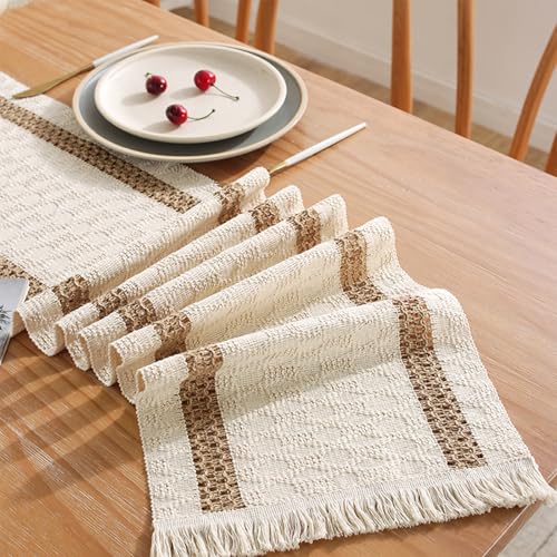 Boho Cotton Linen Table Runner 12 x 132 Inches - Beige & Brown Farmhouse Decor
