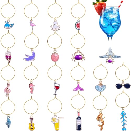 Beach Themed Wine Glass Charms Set - 20 Summer Beach Pattern Drink Markers
