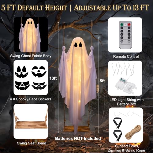 Outdoor 5FT Hanging Swing Ghost Halloween Decoration with LED Lights
