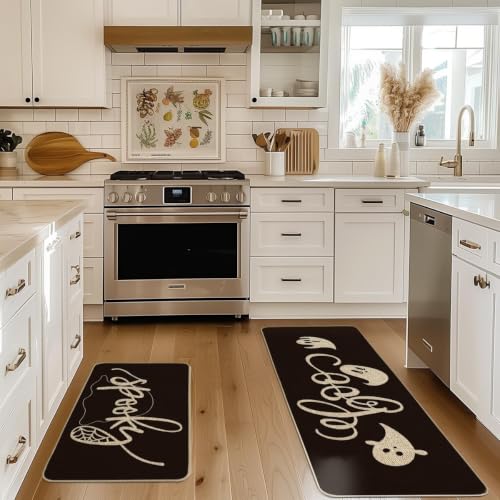 Halloween Spider Web Ghost Kitchen Mats Set of 2 - 17x29 & 17x47 Inch Black