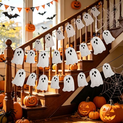 Halloween Ghost Banner Set - 2 Pcs Indoor Spooky Hanging Bunting with Glitter Ghosts - Pkg of 2