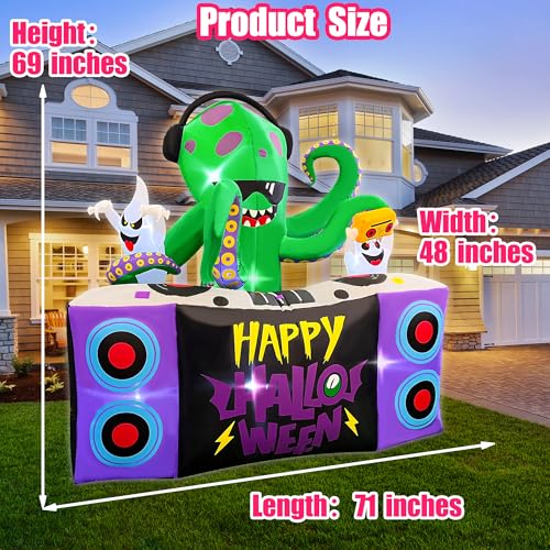 Halloween Inflatable Decoration - 6FT DJ Octopus Playing Music with Ghosts - Outdoor Yard Display