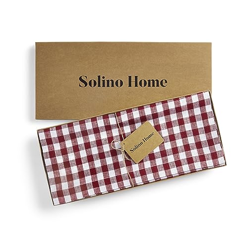 Pure Linen Table Runner Burgundy Gingham Check 14x90 Inches - Handcrafted