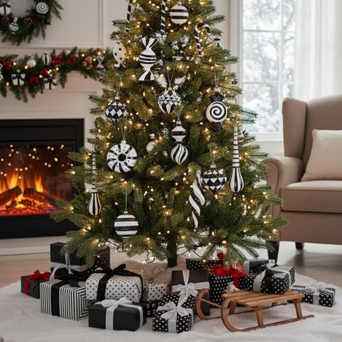 Black and White Christmas Ornaments Set of 48 Holiday Decor with Hand Painted Designs