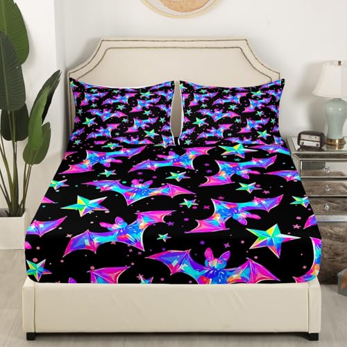 Halloween Bat Fitted Sheet Set - Kids King Size Bedding for Boys & Girls
