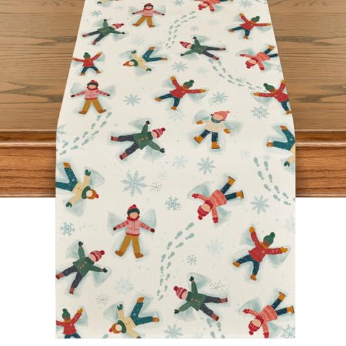 13x72 Inch Snowflake Children Footprints Winter Table Runner Beige - Holiday Kitchen Decor