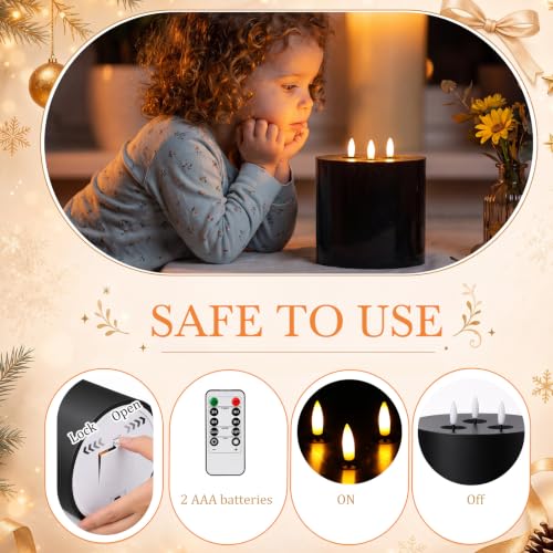 Black Flameless Candle 6x6 Inch with Remote Control - Real Wax, Safe & Adjustable