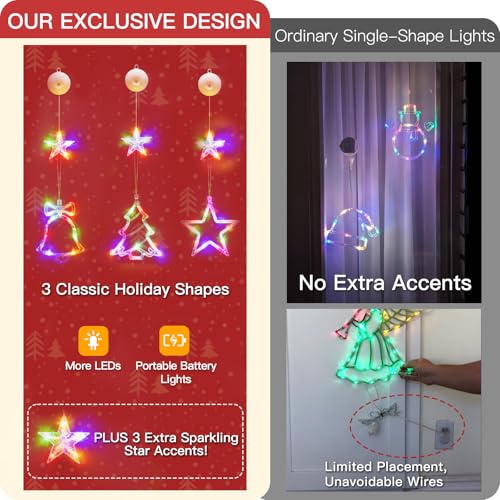 Multicolor Christmas Window Lights Decoration with Star Bell Tree - Battery Operated, 3 Pack