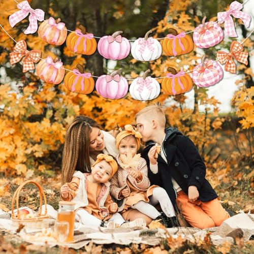 Fall Pumpkin Garland Banner with Bows – Autumn Halloween Thanksgiving Decor