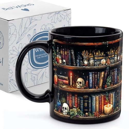 Gothic Skull Book Lover Mug - Halloween Coffee Cup for Men Women, Gift Idea