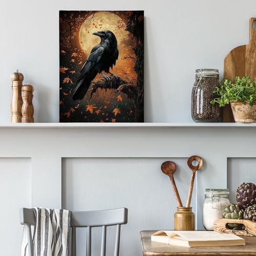Fall Gothic Raven Wall Art - Crow Canvas Print, Framed Halloween Decor 11x14