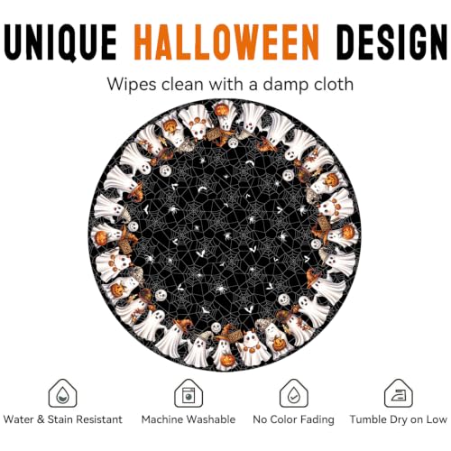 Halloween Ghost Black Round Tablecloth 90 Inch - Spooky Spider Web Fabric, Washable & Stain-Resistant