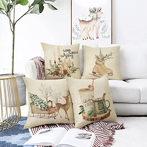 Winter 20x20 Inch Throw Pillow Cover Set of 4 - Reindeer & Cozy Designs Variation of THIS listing