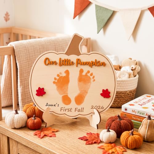 First Fall Baby Footprint Handprint Sign - Keepsake Fall Keepsake - Pumpkin-Shaped Wooden Art - Variation: First Fall