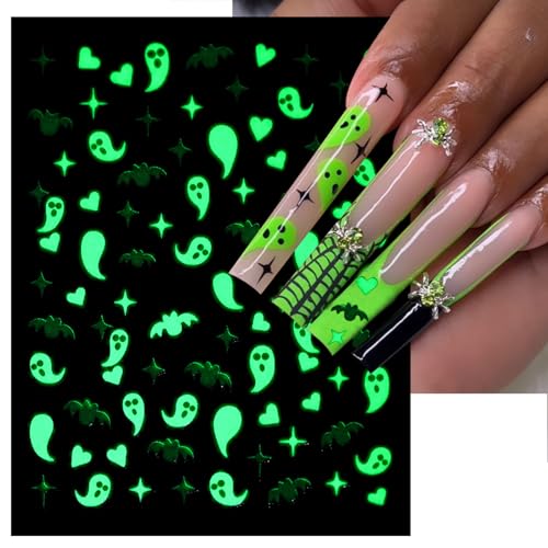 Halloween Glow in The Dark Nail Art Stickers 6 Sheets Ghost Skull Spider Bat Self-Adhesive