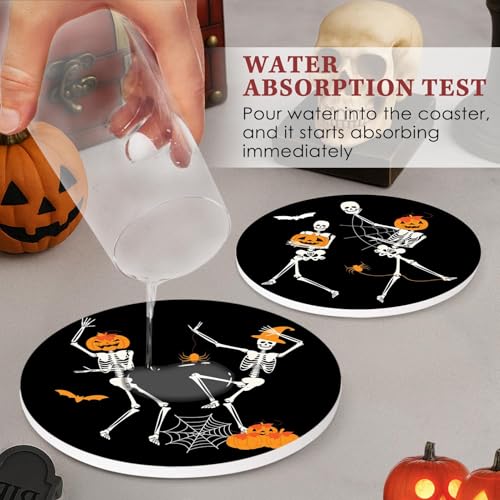 Halloween Coasters for Drinks - Set of 6 Ceramic Stone Pumpkins with Skull Variation