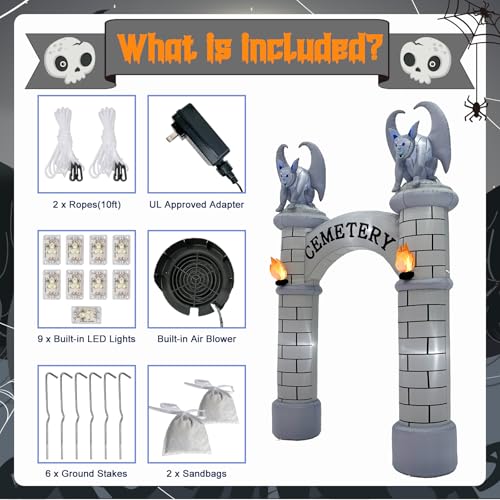 10FT Inflatable Halloween Archway with Lights - Outdoor Cemetery Entrance Decor