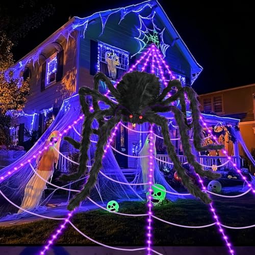 16.4Ft Halloween Spider Web Lights with 8 Modes & Purple LEDs - Waterproof Outdoor Decor with 48-Inch Spider