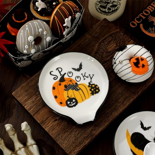 Black Cat Ceramic Spoon Rest with Yellow Pumpkin & Moon Variation, Halloween Kitchen Decor