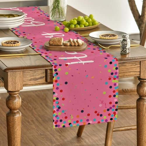 Pink Polka Dot Happy Birthday Table Runner 13x72 Inch - Seasonal Kitchen Decor