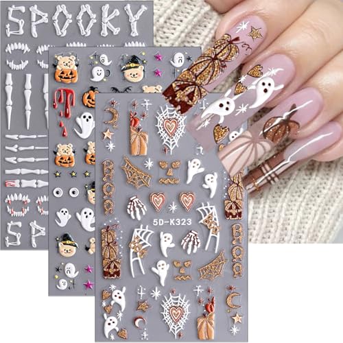 Halloween Nail Stickers Ghost Pumpkin Stars Moon Fall Design 3 Sheets Style-4