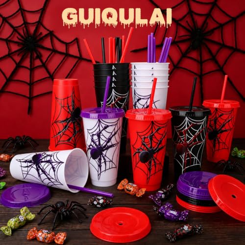 24 Pcs Spider Party Cups with Lids & Straws - Halloween & Themed Celebration Set