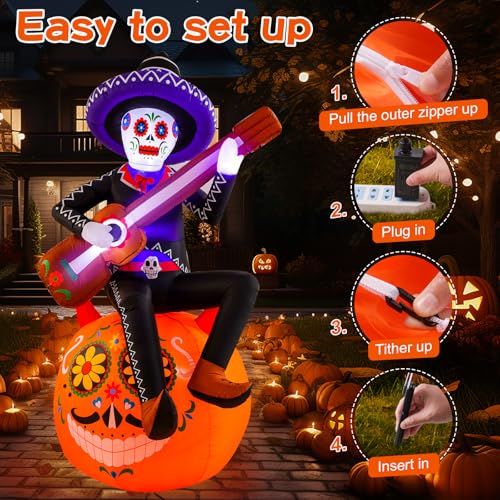 8 Ft Halloween Inflatable Skeleton Pumpkin Guitar with LED Lights for Outdoor Lawn Decor
