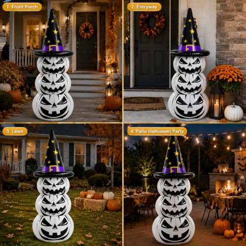 Inflatable Halloween Pumpkin Decoration - 67 Inch White Jack O Lantern Yard Decor with Witch Hat for Outdoor Lawn Porch Garden