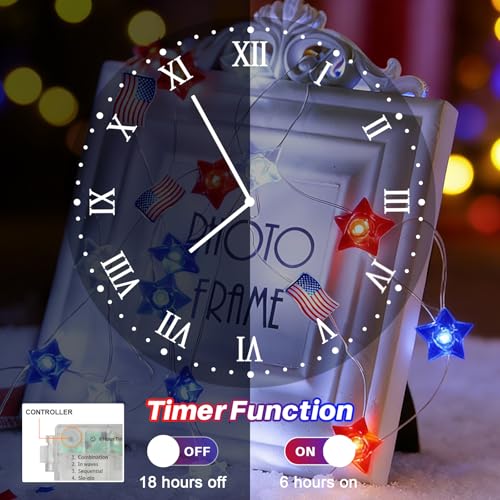 Patriotic Star & Flag String Lights - 16FT Battery Operated 50 LEDs, 8 Modes, Red White Blue Star Flag Variation