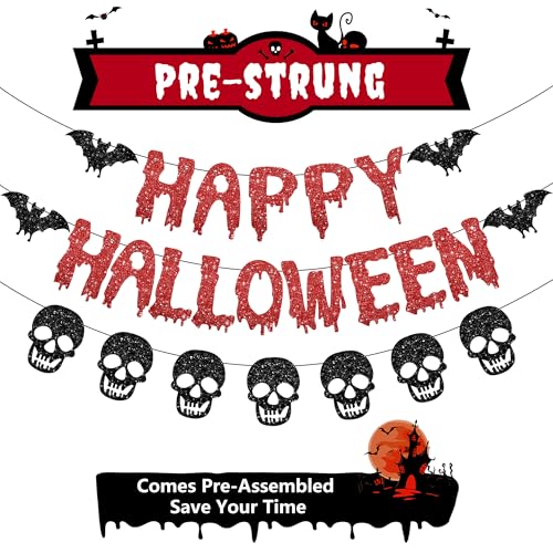 Pre-Strung Halloween Decorations Banner Set with Glitter - Black & Red, B Variation