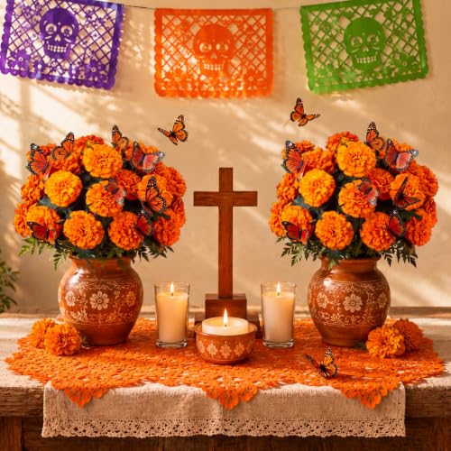 Artificial Marigold Flower Bouquet - Day of the Dead Ofrenda Decor, Orange, 7 Flowers
