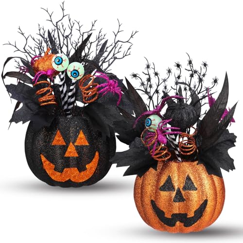 Halloween Jack O Lantern Table Centerpieces - Artificial Flowers with Spiders & Eyeballs, 14x10 Inches - Spooky Indoor Outdoor Decor