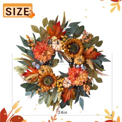 Orange Fall Wreath for Front Door 24 Inch Autumn Door Decor Handmade Seasonal