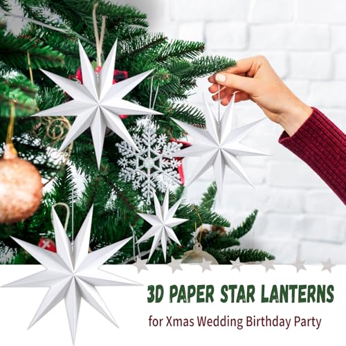 White 12 Pack 9-Pointed Large 3D Paper Star Lanterns with Star Garland for Party & Home Decor