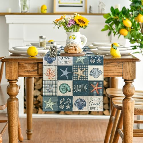 13x90 Inch Summer Checkered Conch Shell & Starfish Table Runner - Blue