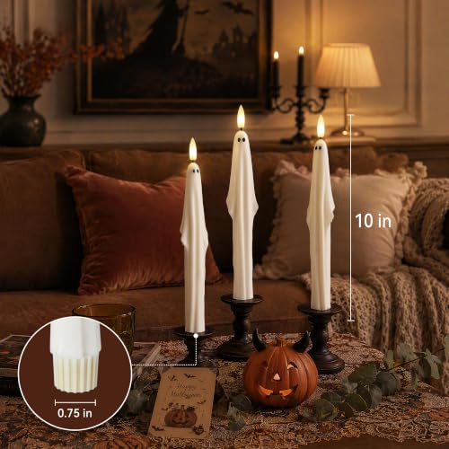 Halloween Ghost Candlesticks Set - Flameless Taper Candles with Remote, 3 Pack