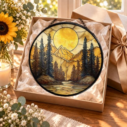 Mountain Sunset Stained Glass Window Hanging - Nature Forest Suncatcher - Color03 - 7.9 Inch