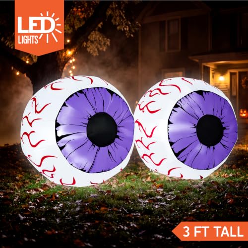 Purple Halloween Inflatable Eyes Set - 3Ft Outdoor Yard Decoration with LEDs