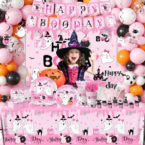 275Pcs Halloween Birthday Party Decorations Pink and Black Set for Kids – Plates, Balloons, Banner & More