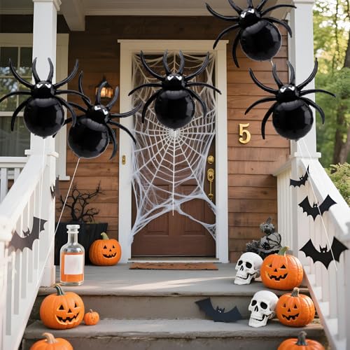 Large Halloween Black Spider Balloons – 33 Inch Foil Spiders for Spooky Party Decorations, 5 Pack
