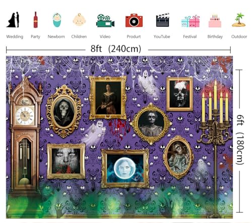Halloween Haunted House Frame Backdrop 8x6FT Purple Spooky Ghost Spider Halloween Photo Prop