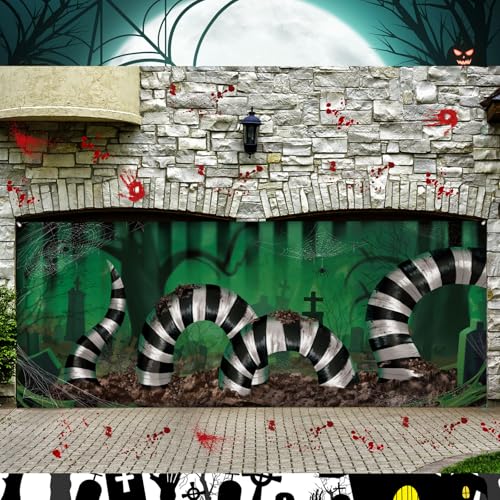 Halloween Garage Door Cover - Striped Snake Pattern 7x16 ft - Black White - Halloween Decor