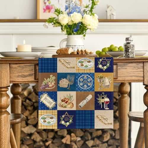Blue Buffalo Plaid Stars Table Runner - Passover Kitchen Decor 13x72 Inch