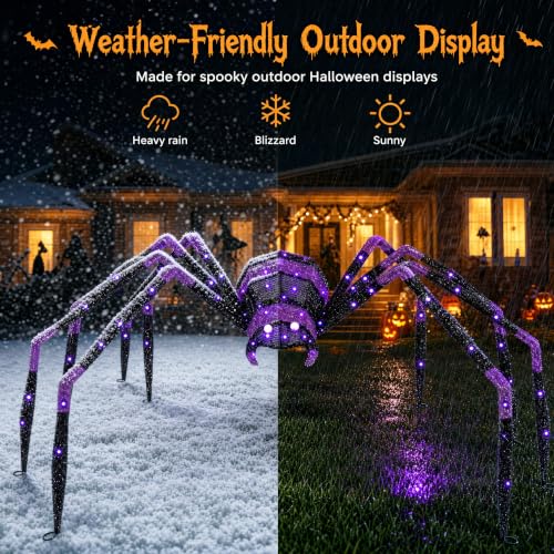 6.8 Ft Outdoor Halloween Giant Spider with 128 Purple LED Lights for Yard & Haunted House